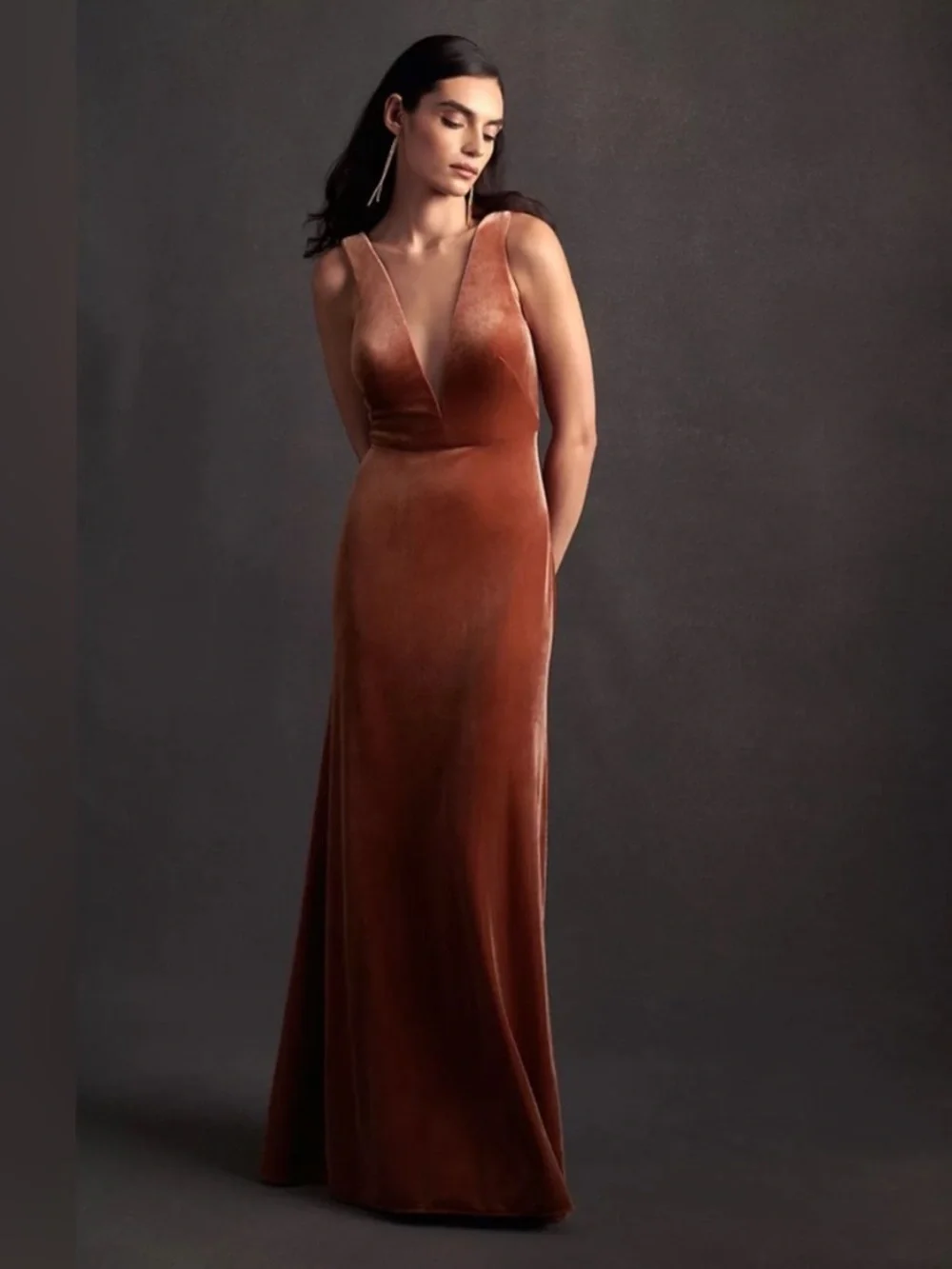 Jenny Yoo Collection Logan Deep-V Velvet Column Gown in English Rose Sz 4 - Picture 2 of 10